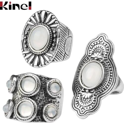 Kinel Vintage Big Stone Midi Ring Set For Women Antique Silver Color Opal Knuckle Rings Boho Jewelry Anillos 3PCS/Set