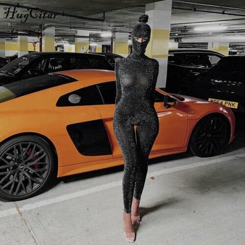 Hugcitar 2020 Long Sleeve Solid Backless Sequin Skinny Jumpsuit Autumn Winter Women Fashion Sexy Streetwear Casual Romper