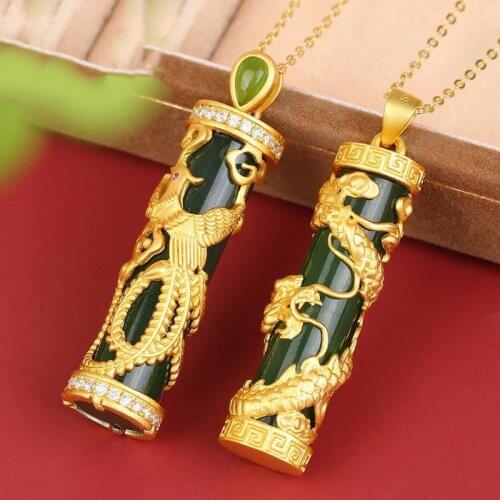 Lovers S925 Sterling Silver Gold Plated Hetian Jade Dragon Column Jasper Pendant Phoenix Necklace Ancient Style Men and Women On