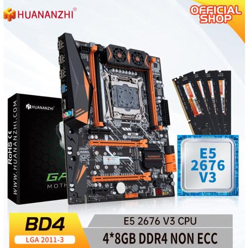 HUANANZHI X99 BD4 X99 Motherboard with Intel XEON E5 2678 v3 with 4*8G DDR4 NON-ECC memory combo kit set NVME NGFF SATA USB 3.0