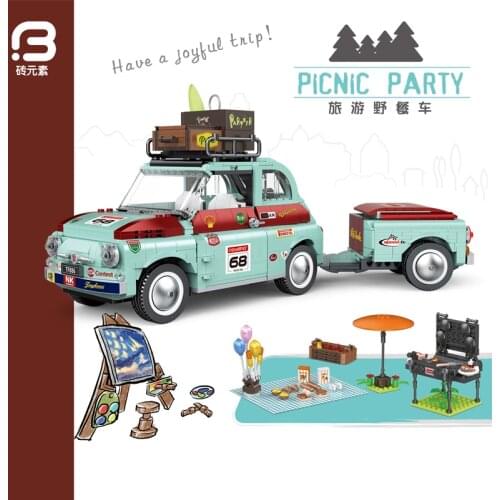 Moc Ideal Tourist Picnic Car Trailer Tractor Diy Building Block Set Transport Childrens Educational Bricks Toys Gifts