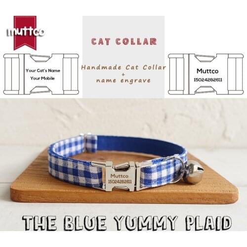 MUTTCO retailing handmade engraved metal buckle cat collar THE BLUE YUMMY PLAID adjustable cat collars 2 sizes UCC046