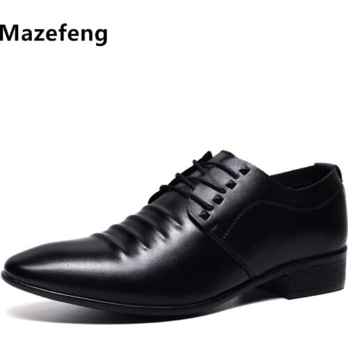 2017 Mazefeng Men Leather Dress Shoes Pointed toe Business Shoes Pigskin High quality Men Flat Lace-up Male Split Leather Shoes