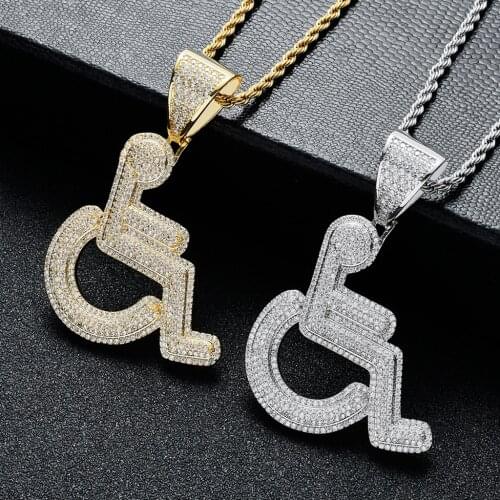 AZ Hip Hop Wheelchair Handicap Sign Pendant Necklace Gold Color Charm Bling Cubic Zircon Mens Iced Out Jewelry Free Shipping