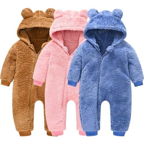 Autumn Baby Boy Clothing 2021 Winter Newborn Warm Rompers Girls 0-36m Thickened Jumspuits With Ear Hooded Flannel Kids Clothes