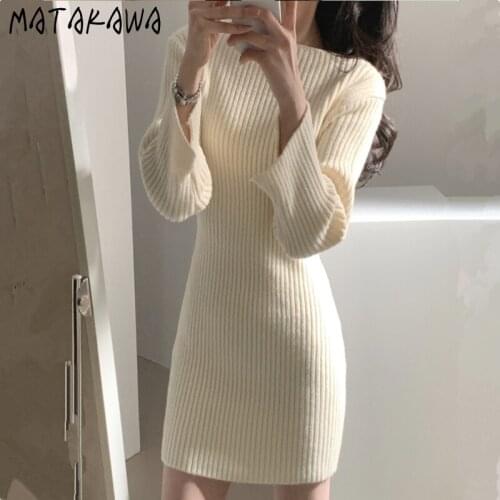 Matakawa Woman Dress Autumn Winter Slash Neck Long Sleeve Slim Waist Knitted Dresses Solid Office Lady Casual Mini Vestidos