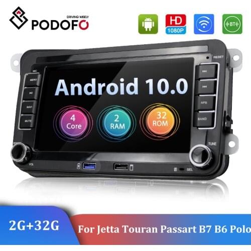 Podofo 2 Din GPS Car Radio Android 10.0 Player For Volkswagen VW Passat B7 B6 Golf Touran Polo Kia Jetta SEAT Skoda DAB Carplay
