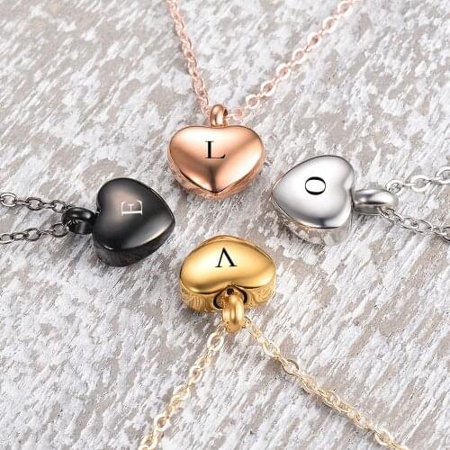 Engrave 26 Intial Letter Small Heart pendant Cremation heart Charm Necklace Stainless Steel Keepsake Memorial Pendant