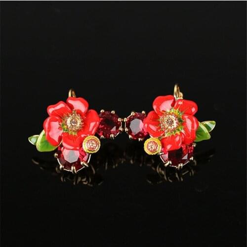 European and American Enamel Glaze Red Flower Green Leaf Bride Earrings Female Cold Ins Crystal Zircon Stud Earrings Earrings
