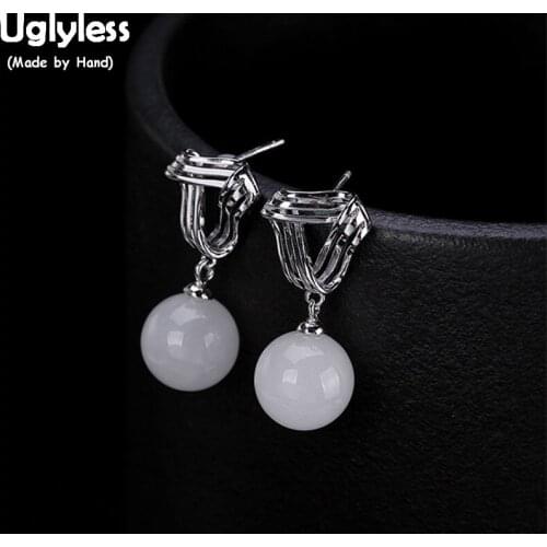 Uglyless Curved Triangle Earrings for Women Elegant White Jade Ball Drop Earrings Real Solid 925 Silver Gems Fine Jewelry Hollow