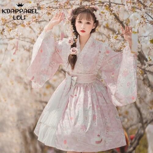 Japanese Wagashi Lolita OP Dresses Sweet Girls Cute Teens Ruffles Floral Print V-Neck Knee Length Removable Girdle Cosplay Party