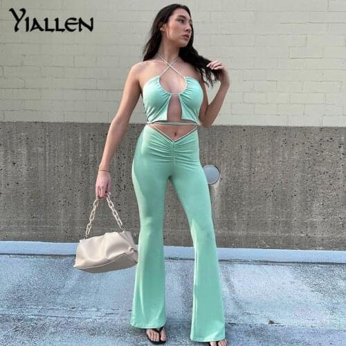 Yiallen Summer Sexy Party Club Womens New Suit Halter Backless Crop Top Lace Up Flared Pants Set Vetement Femme Streerwears