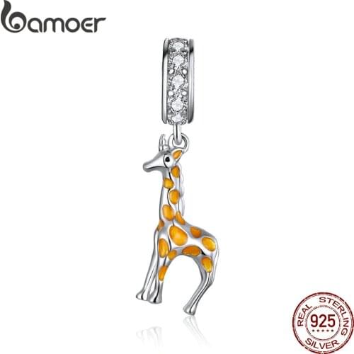 Bamoer 925 Sterling Silver Yellow Enamel Giraffe Pendant Charm for Original Silver Bracelet Bangle Jewelry Making BSC258