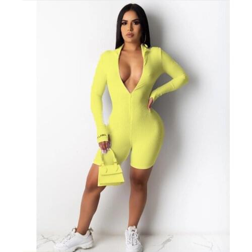 Knitting Ribbed Woman Playsuit Long Sleeve Stand Neck Skinny Bodycon Fitness Sporty Bandage Jumpsuit Front Zipper Women Overalls