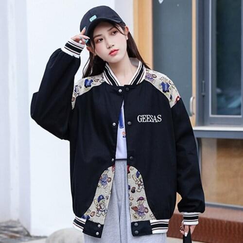 Zoki Autumn Vintage Design Baseball Jacket Women Loose Casual Coats Patchwork Black Lady Outwear Street Wear Clothes New 2021