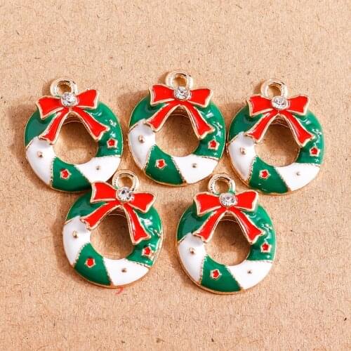 10pcs 15*19mm Christmas Wreath Charms Enamel Bowknot Circle Charms Pendants for Jewelry Making Necklaces Earrings DIY Crafts