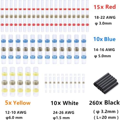 300PCS Solder Seal Sleeve Wire Connectors Heat Shrink Butt Connectors Waterproof Insulated Electrical Wire Soldering Terminals