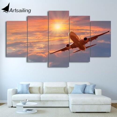 HD Printed 5 Pieces Canvas Art Painting Sunset Airplane Poster Sunset Cloud Wall Pictures For Living Room Free Shipping CU-2781C