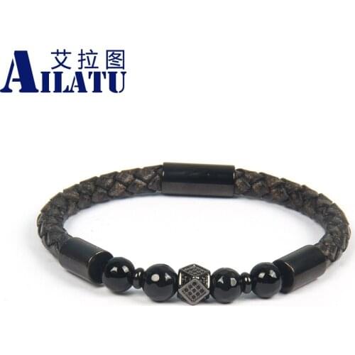 Ailatu Fahsion Mens Jewelry Irregular Geometric Faced CZ Rivet Bracelets Stainless Steel Clasp Cowhide Leather Top Quality