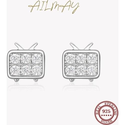 Ailmay New Sale 100% 925 Sterling Silver cute TV shape rectangle Sparkling CZ Stud Earrings For Women Girls Fine Jewelry Gifts