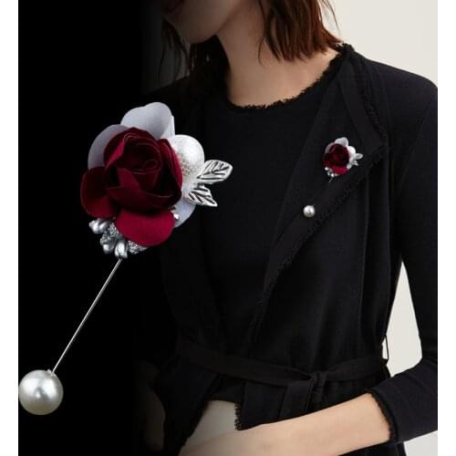 Korean Cloth Art Pearl Flower Brooch Pin Fabric Long Needle Lapel Pin Shirt Shawl Scarf Buckle Coat Badge for Women Accessories