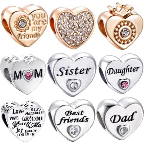 Family Jewelry Sister Daughter Friend Charms Heart Beads Fits Original Brand Charm Bracelet&Bangle DIY Making For Women