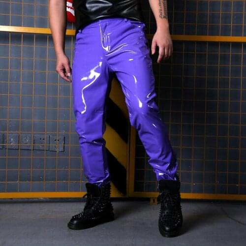 Personality Mens Fashion Paint Leather Pants blue red elastic long pants nightclub bar DJ stage show costumes perform trousers