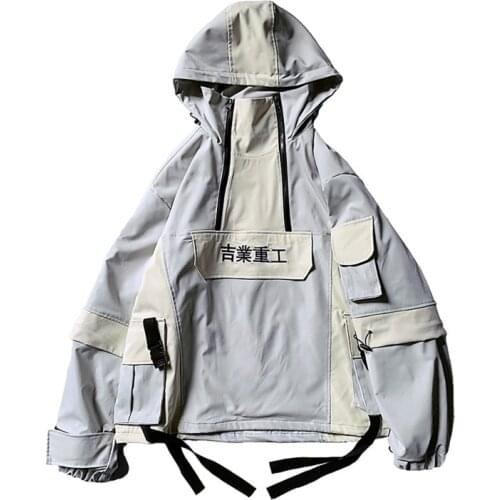Techwear Patchwork Hip Hop Streetwear Hoody Men Hit Block Color Mulit-Pocket Harajuku Hooded Jackets Coats Oversized Windbreaker