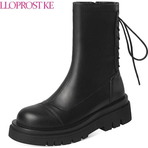 Lloprost ke 2021 Classic Women Winter Ankle Boots Cross Tied Genuine Leather Platform Thick Heels Party Working Shoes Woman