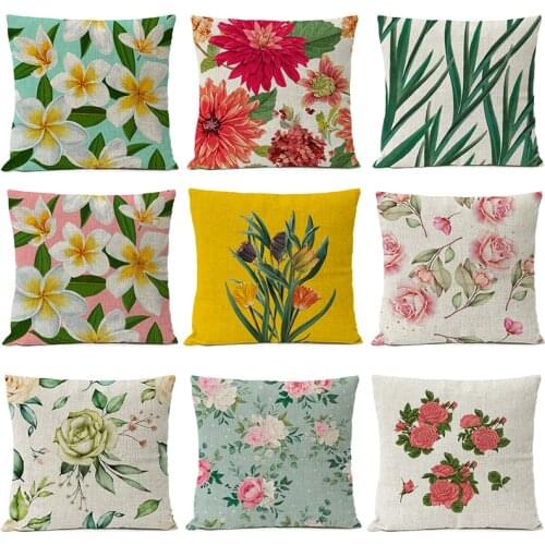 Linen Pillows Decor Home Watercolor Plant Floral Pillow Cover Red Rose Flower Linen Pillow Case Sofa Cushions