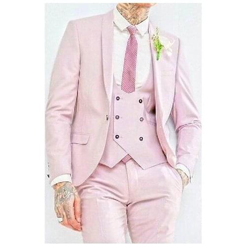2019 Elegant Brand New Groomsmen Pink Groom Tuxedos Shawl Lapel Men Suits For Wedding Best Man Blazer ( Jacket+Pants+Vest )