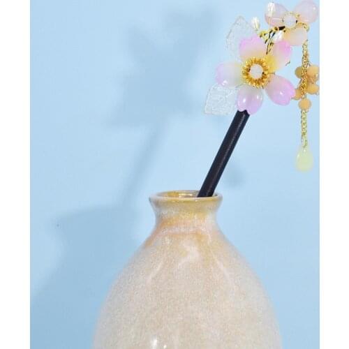 New Trendy Brand Antique Headdress Hanfu Hairpin Fairy Beads Tassel Word Wooden Acrylic Flower Pendant Step Wagging Hairpin