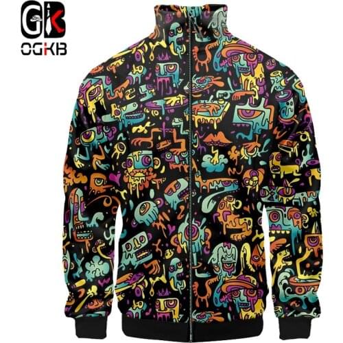 OGKB Hot Sale Mens Autumn Jacket 3D Print Monster Graffiti Stand Collar Zipper Jacket Streetwear Harajuku Hip Hop Streetwear