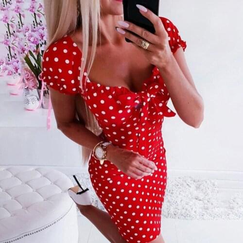 Rustic Casual Summer Beach Style Boho Resort High Waist Red Polka Dots Dresses Dress Women Sexy Square Collar Bodycon