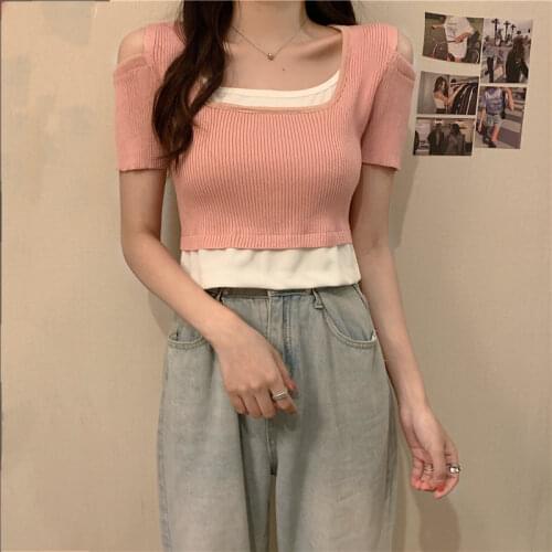 Fake 2 PCS Women Pullovers T-Shirt Square Collar Casual Hollow Tees Pullovers Sweaters Lady Fashion Chic Korea