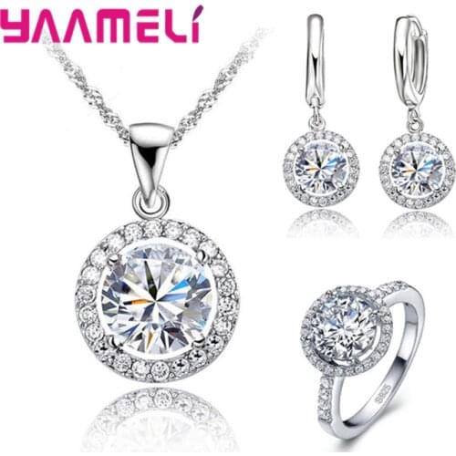 Romantic 925 Sterling Silver Cubic Zircon Necklace Earring Ring Bridal Jewelry sets for Women Valentines Day Gift