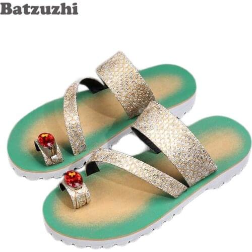 Batzuzhi Luxury Brand New Men Shoes Fashion Leather Slippers Flip Flops Open Toe with Big Crystal Flats Beach Sandal Shoes Men