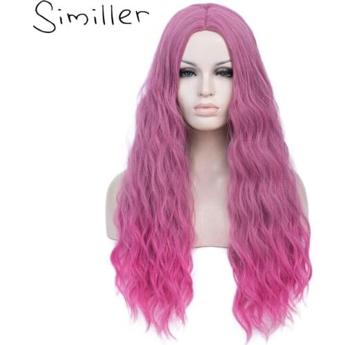 Similler Halloween Costume Long Synthetic Wig for Women Curly Purple Rose Red Ombre Cosplay Wig Heat Resistance Hair