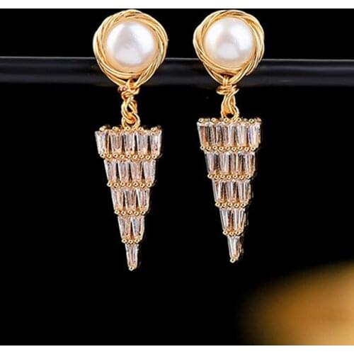 Gold Color Triangle Cubic Zircon Natural Freshwater Pearl Earrings for Women Long Geometric Earing 2020 Jewelry Gift Personality