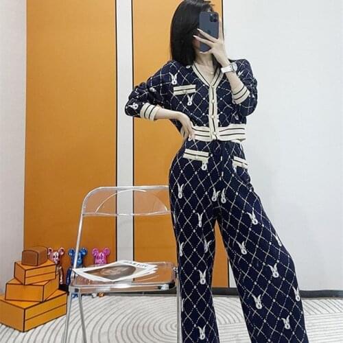 Knitting Sets Women 2021 Spring Autumn Casual Temperament V-Neck Cardigan Sweater+ High Waist Wide Leg Pants Two-Piece Sets