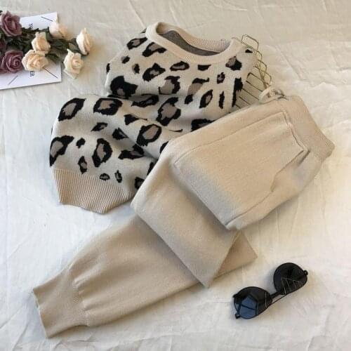 2021 Autumn Winter Women Knitted Tracksuits Leopard Knitted Pullover Sweater + Pocket Harem Pants Loungewear Two Piece Set