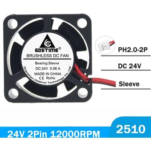 1pcs Gdstime 25x25x10mm 25mm 2510 DC 24V 2Pin-ph2.0 Small Fan Brushless Cooler Cooling Case Fan Mini