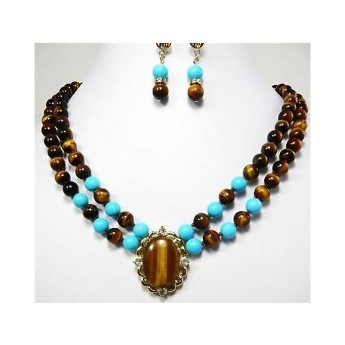 2Rows Turquoise & Tigers Eye pendant Gemstone necklace earrings 18-19"