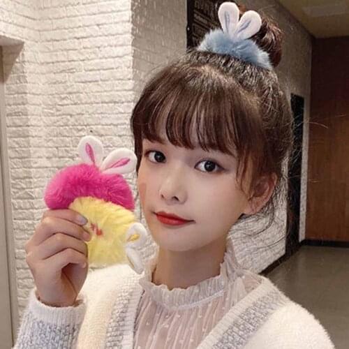 2PCS Solid Color Hair Ropes For Women Fashion Ponytail Holder Rubber Bands Cute Girls Scrunchies Faux Fur Rabbit Ear Headdress