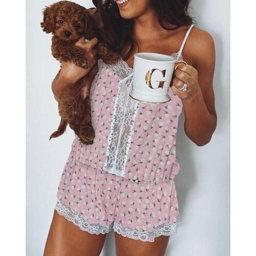 2020 Summer Home wear Jumpsuit Women Bodysuit Sleepwear Pijamas Casual Lace Print Strap Playsuit Rompers Shorts Jump suit body