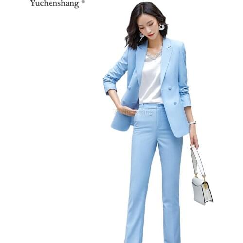2020 Fall Autumn Winter New Arrival Pant Suit Women Casual Pink Dark Blue 2 Piece Set Loose Double Breasted Blazer and Trousers