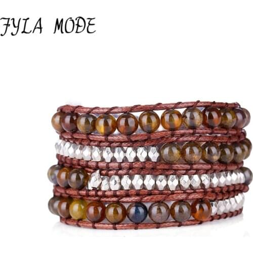 Fyla Mode Tea Dragon Striped Natural Bracelet Natural Stones Beaded 4 Layered Wrap Bracelets Multilayer Weaving Beaded Bracelet