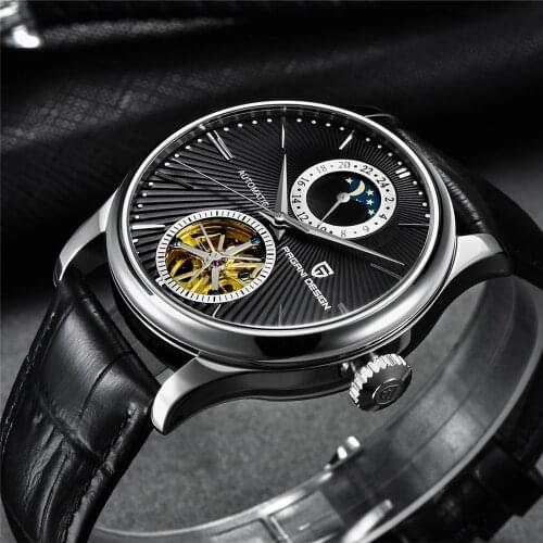 PAGANI DESIGN Automatic Mechanical Mens Watch Sapphire Crystal Retro Watch Tourbillon Moon Phase Leather Strap Waterproof Watch