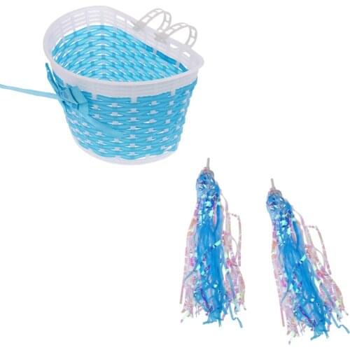 Kids Girls Bike Retro Pom Pom Tassels Streamers+Front Handlebar Basket Blue