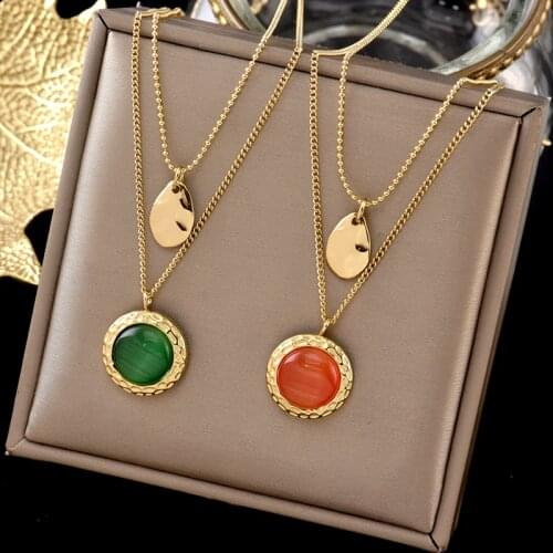 Double indivisible colorful cat eye stone necklace web celebrity simple niche design cold wind INS temperament collarbone chain